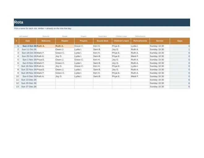 Rota tab of the Volunteer Rota Lite (free) spreadsheet