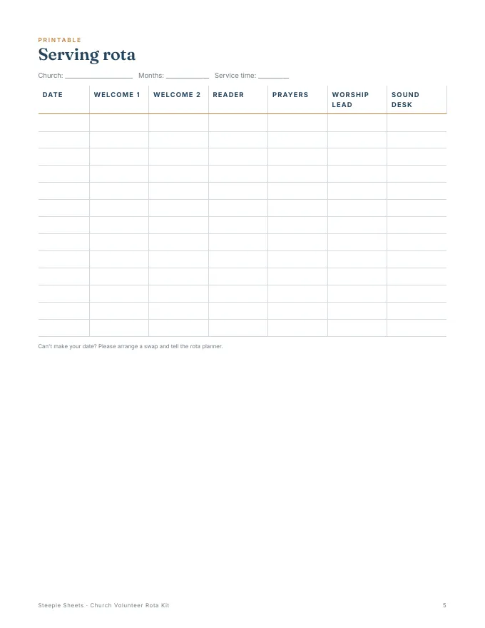 Inside pages of the Church Volunteer Rota Kit