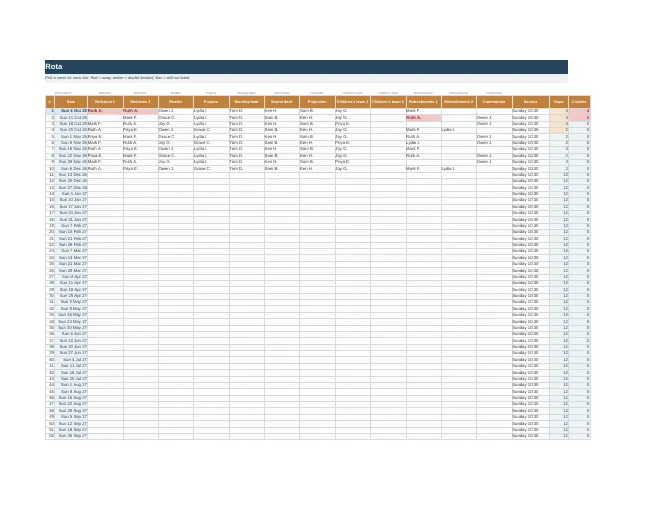 Rota tab of the Church Volunteer Rota Kit spreadsheet